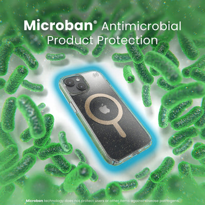 A case with phone inside is surrounded by bacteria. A blue halo around the phone keeps the bacteria away. Text reads Microban antimicrobial product protection. Microban technology does not protect users or other items against disease pathogens.#color_clear-gold-glitter
