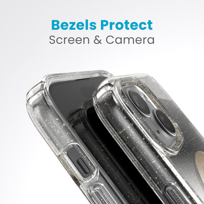 A case with phone inside with camera facing up is lying on top of a case with phone inside with screen facing up. Both are at a sharp angle clearly showing case's raised bezels around screen and camera. Text reads bezels protect screen and camera.#color_clear-gold-glitter