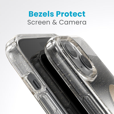 A case with phone inside with camera facing up is lying on top of a case with phone inside with screen facing up. Both are at a sharp angle clearly showing case's raised bezels around screen and camera. Text reads bezels protect screen and camera.#color_clear-gold-glitter