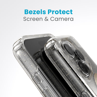 A case with phone inside with camera facing up is lying on top of a case with phone inside with screen facing up. Both are at a sharp angle clearly showing case's raised bezels around screen and camera. Text reads bezels protect screen and camera.#color_clear-gold-glitter