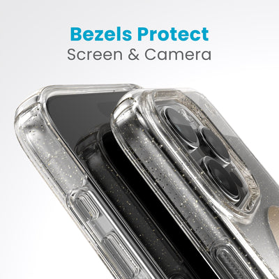 A case with phone inside with camera facing up is lying on top of a case with phone inside with screen facing up. Both are at a sharp angle clearly showing case's raised bezels around screen and camera. Text reads bezels protect screen and camera.#color_clear-gold-glitter