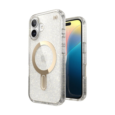 Three-quarter view of back of phone case with phone inside shown over top of front view of phone case with phone inside#color_clear-gold-glitter