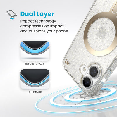 A corner of the case impacts the ground - a diagram shows interior cushion of phone before impact and on impact. Text reads Dual Layer: Impact technology compresses on impact and cushions your phone#color_clear-gold-glitter