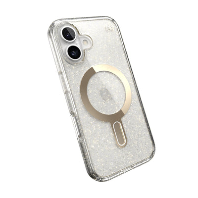 Tilted slight perspective view of back of phone case with phone inside#color_clear-gold-glitter