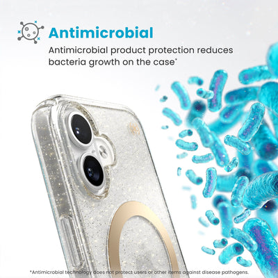 Bacteria is shown around phone case but not on it. Text reads Antimicrobial: Antimicrobial product protection reduces bacteria growth on the case (Antimicrobial technology does not protect users or other items against disease pathogens)#color_clear-gold-glitter