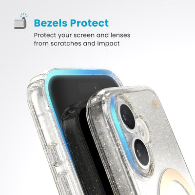 Raised bezels around phone screen and camera are highlighted. Text reads Bezels Protect: Protect your screen and lenses from scratches and impact#color_clear-gold-glitter