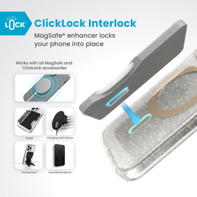 A ClickLock Wallet accessory hovers over the back of the phone case with interlock bolt extended and arrow pointing to bolt receptacle in case. Text reads ClickLock interlock: MagSafe enhancer locks your phone into place. Works with all MagSafe and ClickLock accessories#color_clear-gold-glitter