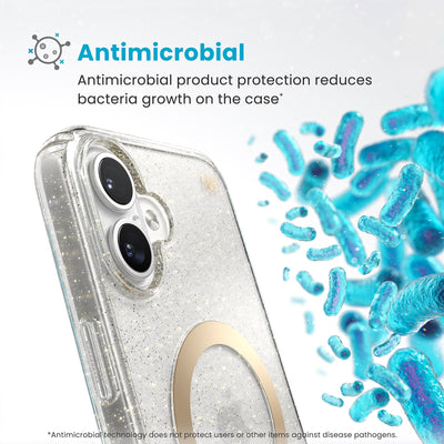 Bacteria is shown around phone case but not on it. Text reads Antimicrobial: Antimicrobial product protection reduces bacteria growth on the case (Antimicrobial technology does not protect users or other items against disease pathogens)#color_clear-gold-glitter