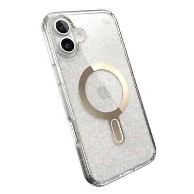 Tilted slight perspective view of back of phone case with phone inside#color_clear-gold-glitter