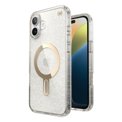 Three-quarter view of back of phone case with phone inside shown over top of front view of phone case with phone inside#color_clear-gold-glitter