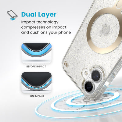 A corner of the case impacts the ground - a diagram shows interior cushion of phone before impact and on impact. Text reads Dual Layer: Impact technology compresses on impact and cushions your phone#color_clear-gold-glitter