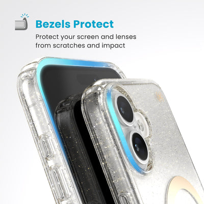 Raised bezels around phone screen and camera are highlighted. Text reads Bezels Protect: Protect your screen and lenses from scratches and impact#color_clear-gold-glitter