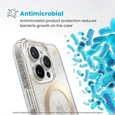 Bacteria is shown around phone case but not on it. Text reads Antimicrobial: Antimicrobial product protection reduces bacteria growth on the case (Antimicrobial technology does not protect users or other items against disease pathogens)#color_clear-gold-glitter