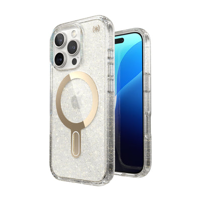 Three-quarter view of back of phone case with phone inside shown over top of front view of phone case with phone inside#color_clear-gold-glitter