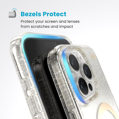 Raised bezels around phone screen and camera are highlighted. Text reads Bezels Protect: Protect your screen and lenses from scratches and impact#color_clear-gold-glitter