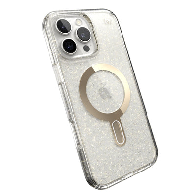 Tilted slight perspective view of back of phone case with phone inside#color_clear-gold-glitter