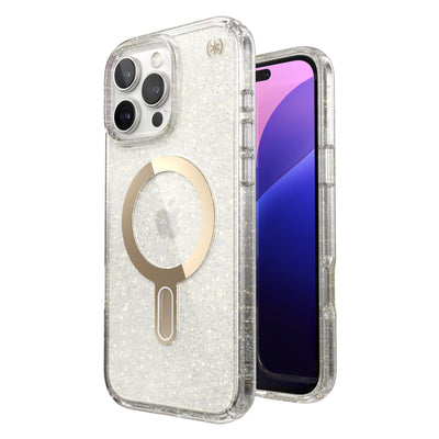 Three-quarter view of back of phone case with phone inside shown over top of front view of phone case with phone inside#color_clear-gold-glitter