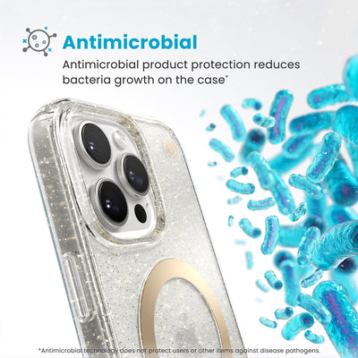 Bacteria is shown around phone case but not on it. Text reads Antimicrobial: Antimicrobial product protection reduces bacteria growth on the case (Antimicrobial technology does not protect users or other items against disease pathogens)#color_clear-gold-glitter