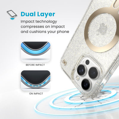 A corner of the case impacts the ground - a diagram shows interior cushion of phone before impact and on impact. Text reads Dual Layer: Impact technology compresses on impact and cushions your phone#color_clear-gold-glitter