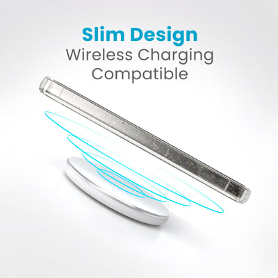 A phone is charging over a wireless charger. Text reads slim design, wireless charging compatible#color_clear-gold-glitter