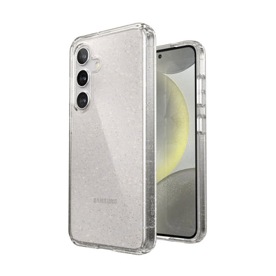 Three-quarter view of back of phone case simultaneously shown with three-quarter front view of phone case#color_clear-gold-glitter