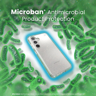 A case is surrounded by bacteria. A halo around the phone keeps the bacteria away. Text reads Microban antimicrobial product protection#color_clear-gold-glitter