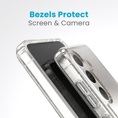 A case with camera facing up is on a case with screen facing up. Raised bezels around screen and camera are clearly visible. Text reads bezels protect screen and camera#color_clear-gold-glitter