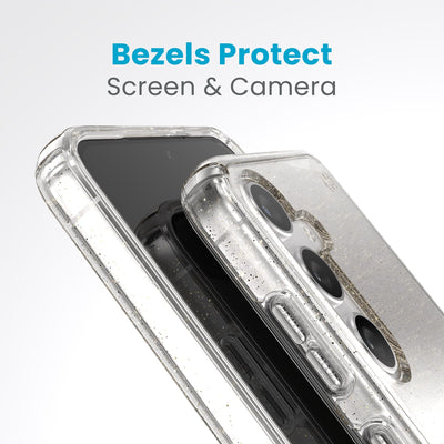 A case with camera facing up is on a case with screen facing up. Raised bezels around screen and camera are clearly visible. Text reads bezels protect screen and camera#color_clear-gold-glitter
