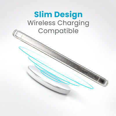 A phone is charging over a wireless charger. Text reads slim design, wireless charging compatible#color_clear-gold-glitter
