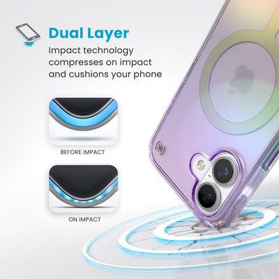 A corner of the case impacts the ground - a diagram shows interior cushion of phone before impact and on impact. Text reads Dual Layer: Impact technology compresses on impact and cushions your phone#color_amazing-purple-clear