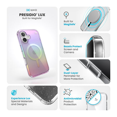 Various close-ups of case are shown. Text reads Speck Presidio Lux MagSafe: Experience Lux - special materials and designs, built for MagSafe, bezels protect screen and camera, dual-layer perimeter for more protection, antimicrobial product protection#color_amazing-purple-clear