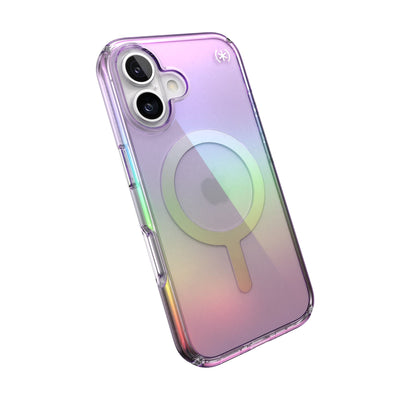 Tilted slight perspective view of back of phone case with phone inside#color_amazing-purple-clear