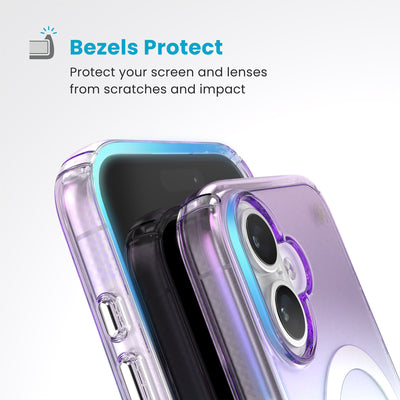 Raised bezels around phone screen and camera are highlighted. Text reads Bezels Protect: Protect your screen and lenses from scratches and impact#color_amazing-purple-clear