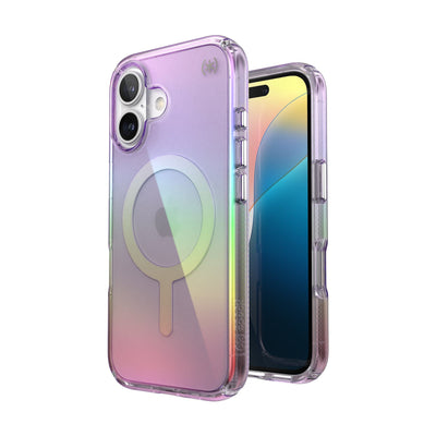 Three-quarter view of back of phone case with phone inside shown over top of front view of phone case with phone inside#color_amazing-purple-clear