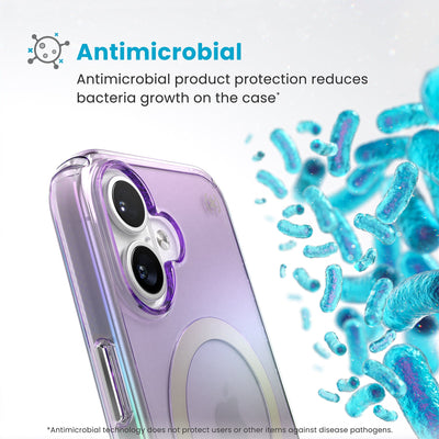 Bacteria is shown around phone case but not on it. Text reads Antimicrobial: Antimicrobial product protection reduces bacteria growth on the case (Antimicrobial technology does not protect users or other items against disease pathogens)#color_amazing-purple-clear