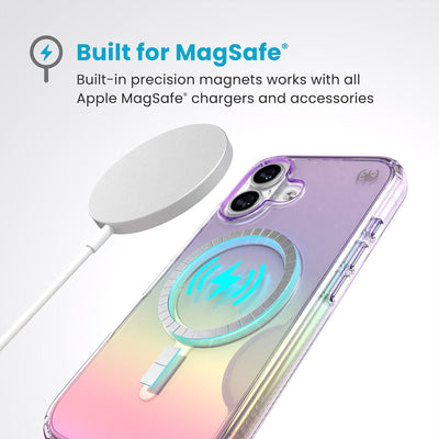 A MagSafe charger hovers over the back of the phone case. Text reads Built for MagSafe: Built-in precision magnets works with all Apple MagSafe chargers and accessories#color_amazing-purple-clear