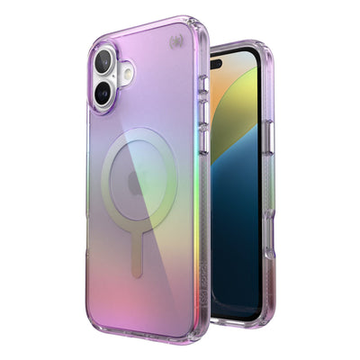 Three-quarter view of back of phone case with phone inside shown over top of front view of phone case with phone inside#color_amazing-purple-clear