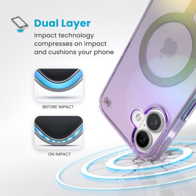 A corner of the case impacts the ground - a diagram shows interior cushion of phone before impact and on impact. Text reads Dual Layer: Impact technology compresses on impact and cushions your phone#color_amazing-purple-clear