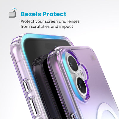 Raised bezels around phone screen and camera are highlighted. Text reads Bezels Protect: Protect your screen and lenses from scratches and impact#color_amazing-purple-clear