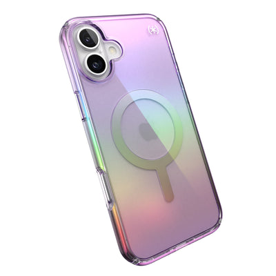 Tilted slight perspective view of back of phone case with phone inside#color_amazing-purple-clear