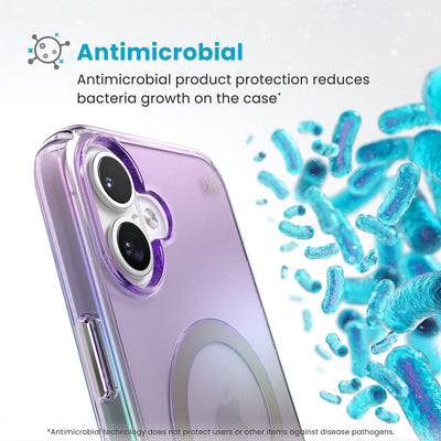 Bacteria is shown around phone case but not on it. Text reads Antimicrobial: Antimicrobial product protection reduces bacteria growth on the case (Antimicrobial technology does not protect users or other items against disease pathogens)#color_amazing-purple-clear