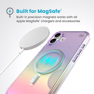 A MagSafe charger hovers over the back of the phone case. Text reads Built for MagSafe: Built-in precision magnets works with all Apple MagSafe chargers and accessories#color_amazing-purple-clear