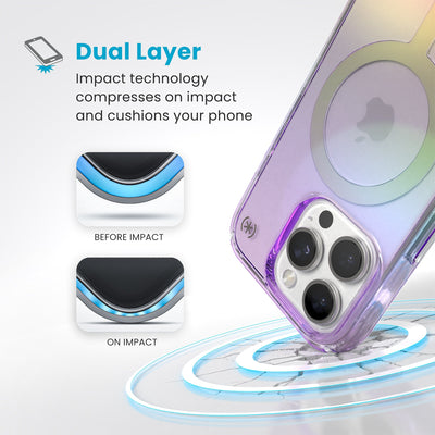 A corner of the case impacts the ground - a diagram shows interior cushion of phone before impact and on impact. Text reads Dual Layer: Impact technology compresses on impact and cushions your phone#color_amazing-purple-clear