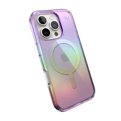 Tilted slight perspective view of back of phone case with phone inside#color_amazing-purple-clear