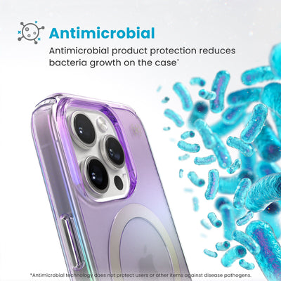 Bacteria is shown around phone case but not on it. Text reads Antimicrobial: Antimicrobial product protection reduces bacteria growth on the case (Antimicrobial technology does not protect users or other items against disease pathogens)#color_amazing-purple-clear