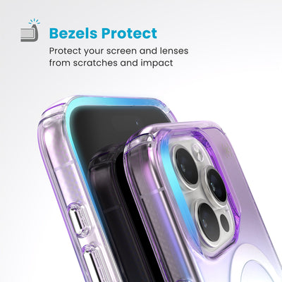 Raised bezels around phone screen and camera are highlighted. Text reads Bezels Protect: Protect your screen and lenses from scratches and impact#color_amazing-purple-clear