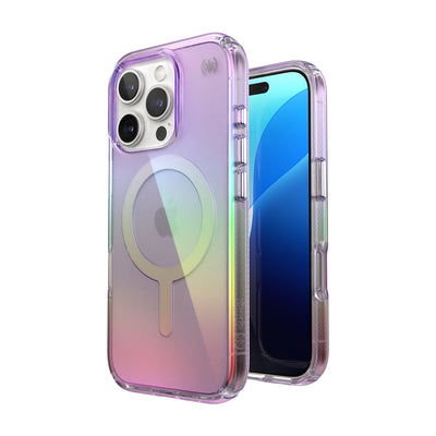 Three-quarter view of back of phone case with phone inside shown over top of front view of phone case with phone inside#color_amazing-purple-clear