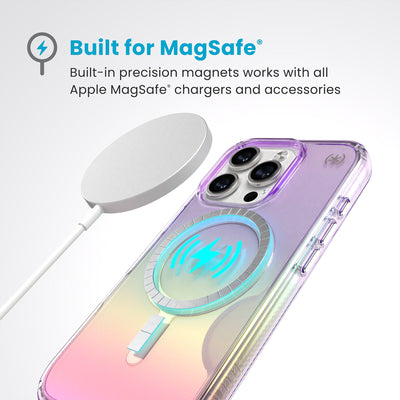 A MagSafe charger hovers over the back of the phone case. Text reads Built for MagSafe: Built-in precision magnets works with all Apple MagSafe chargers and accessories#color_amazing-purple-clear