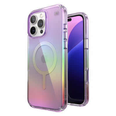 Three-quarter view of back of phone case with phone inside shown over top of front view of phone case with phone inside#color_amazing-purple-clear