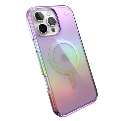 Tilted slight perspective view of back of phone case with phone inside#color_amazing-purple-clear